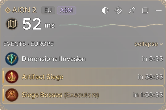 AION2 Status in-game panel: AION 2, EU server, ping and the next events in Europe