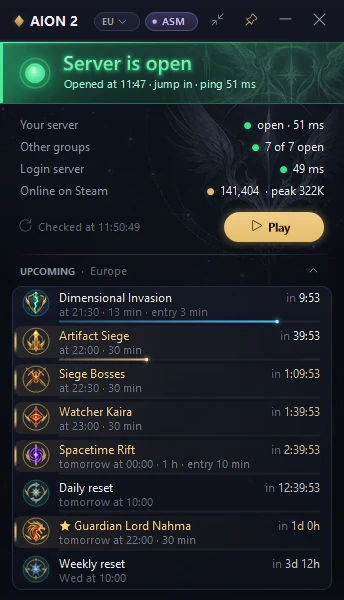 AION2 Status main window: server open, ping, Steam online and the region's events