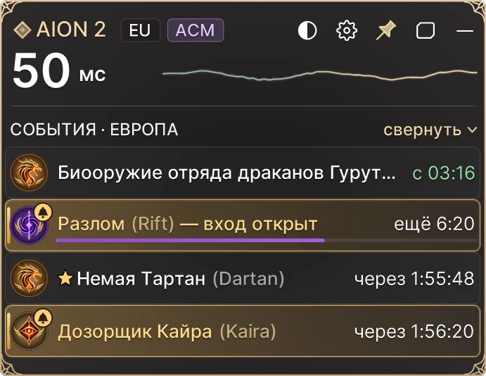 Игровая версия AION2 Status: сервер открыт, пинг 50 мс с графиком и ближайшие события Европы
